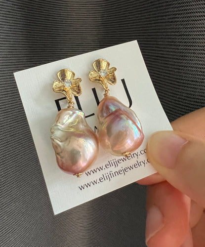 Peach-Rainbow Baroque Pearl Earrings 14KGF