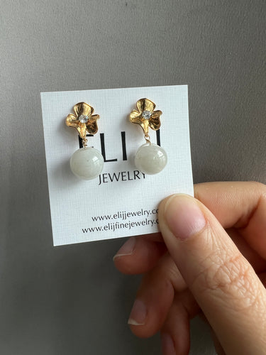 Almost White-Green Jade Apples, Floral Stud Earrings