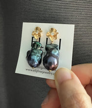 Load image into Gallery viewer, Peacock Black Baroque Pearl Earrings 14KGF