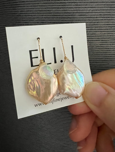 Large Peach Keshi Pearls Opal Earrings 14KGF