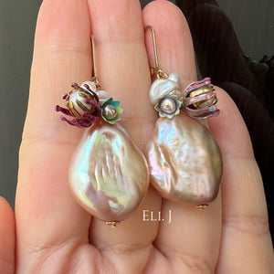 Large Flat Peach-Pink Pearls, Vtg Flowers & Pearls 14kGF Earrings