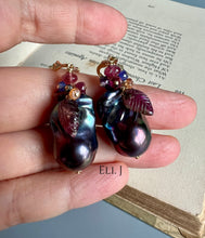 Load image into Gallery viewer, Peacock Baroque Pearls, Watermelon Tourmaline &amp; Gems 14kGF Earrings