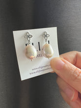 Load image into Gallery viewer, Ivory Jelly Bean Pearls Fleur de Lis Silver Earring Studs