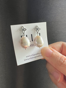 Ivory Jelly Bean Pearls Fleur de Lis Silver Earring Studs