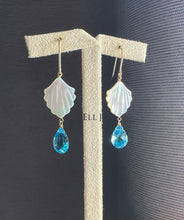 Load image into Gallery viewer, Mother of Pearl Shells, Swiss Blue Topaz 14KGF Earrings