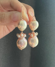 Load image into Gallery viewer, Large Peach-Pink Rainbow Freshwater Pearl Earrings with Gems