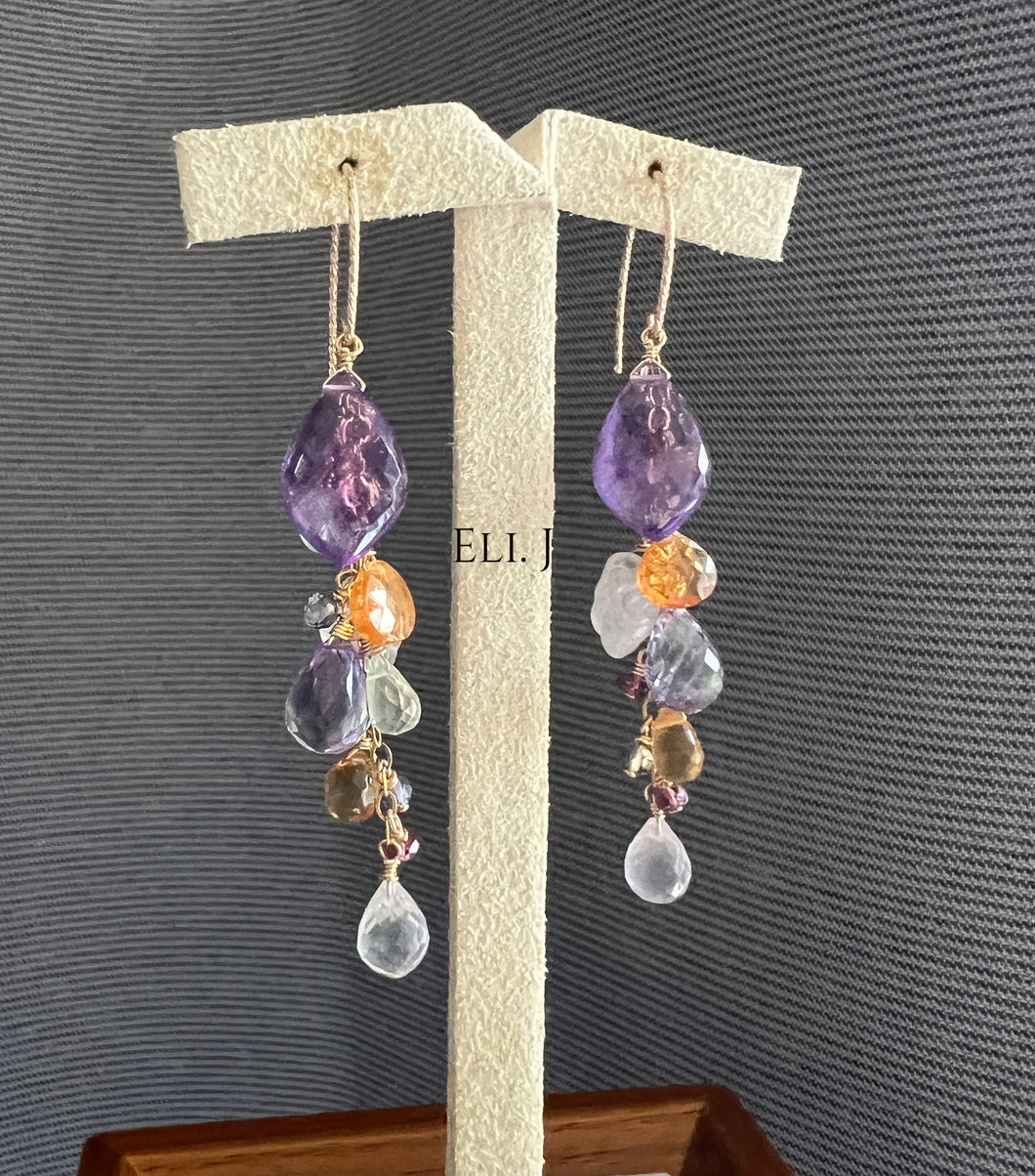 Wisteria: Amethyst, Rose Quartz, Citrine, Mandarin Garnet 14KGF Earrings