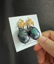 Load image into Gallery viewer, Peacock Black Baroque Pearl Earrings 14KGF