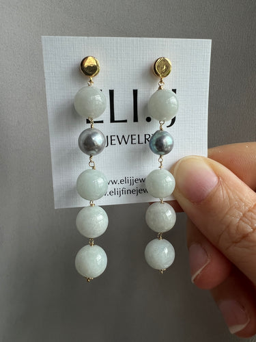 Jade Balls, Silver Akoya Pearl Dangle Earrings