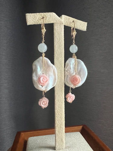 XL Ivory Keshi Pearls, Icy Jadeite, Conch Shell Roses, 14KGF Earrings