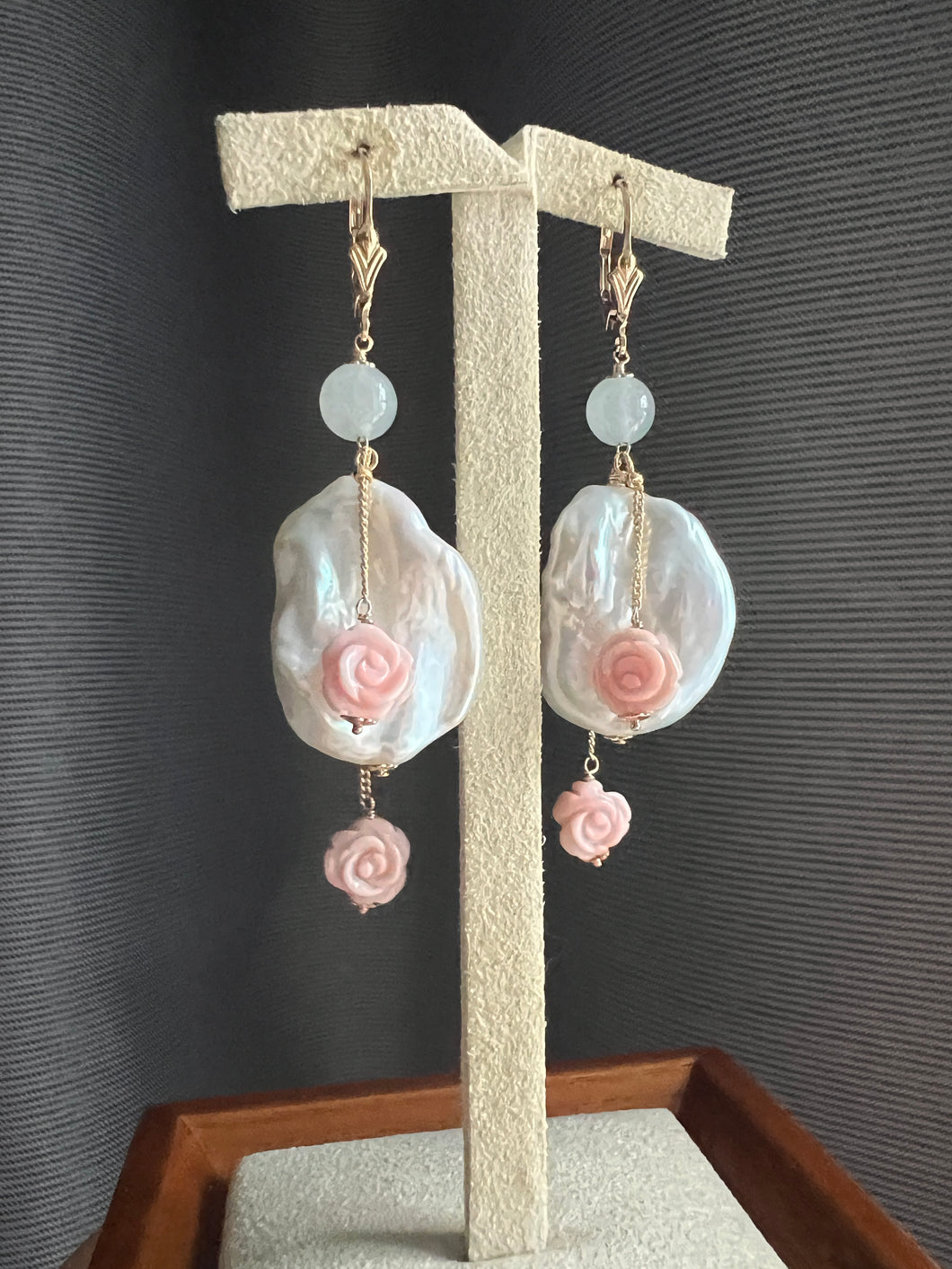 XL Ivory Keshi Pearls, Icy Jadeite, Conch Shell Roses, 14KGF Earrings