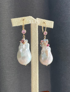Ivory Baroque Pearls, Pink Tourmaline, Gems 14kGF Earrings