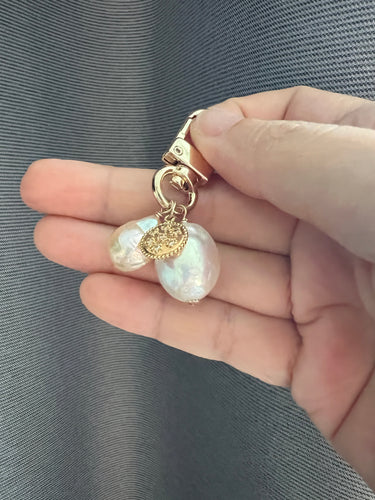 Large Ivory, Peach Pearls, Goldplated Key Bag Charm