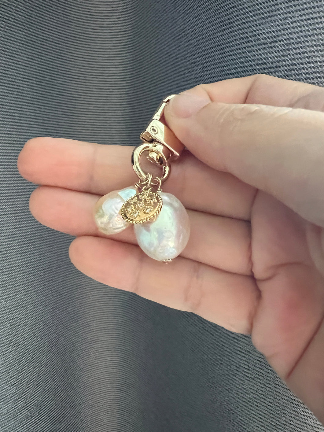 Large Ivory, Peach Pearls, Goldplated Key Bag Charm