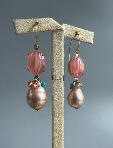 Vintage Pink Glass, Edison Pearls & Gemstones 14kGF Earrings