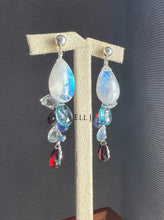 Load image into Gallery viewer, Rainbow Moonstone, London Blue Topaz, Garnet, Tanzanite 925 Sterling Silver Earrings