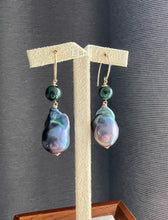 Load image into Gallery viewer, Black Baroque Pearls, Dark Green Jadeite 14kGF Earrings