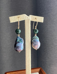 Black Baroque Pearls, Dark Green Jadeite 14kGF Earrings