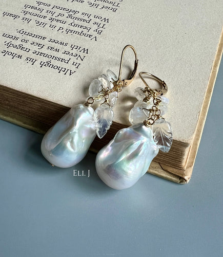 Ivory Baroque Pearls, Rainbow Moonstone 14kGF Earrings