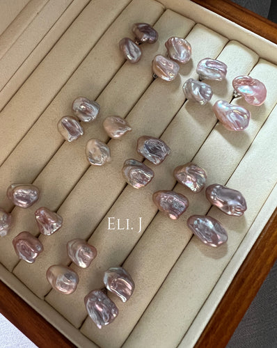 {Rare} Large PINK Keshi Pearl Earring Studs 925 Sterling Silver