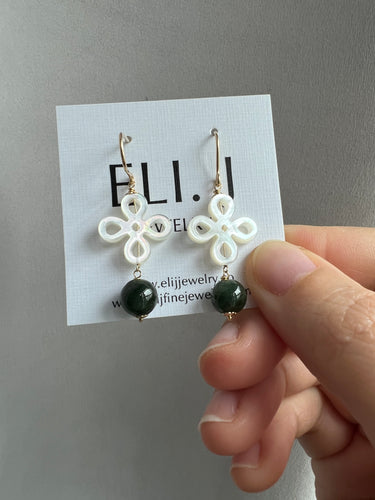 MOP knots, Dark Green Jade Balls, 14KGF Earrings