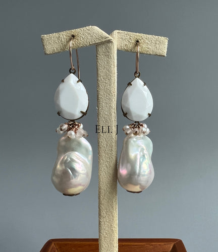 Vintage White Glass Gems, Ivory Baroque Pearls & Gems 14kGF Earrings
