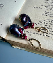 Load image into Gallery viewer, Peacock Baroque Pearls, Ruby 14KGF Earrings