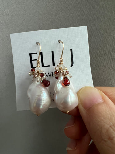 Ivory Baroque Pearls, Garnet, Gemstones 14KGF Earrings