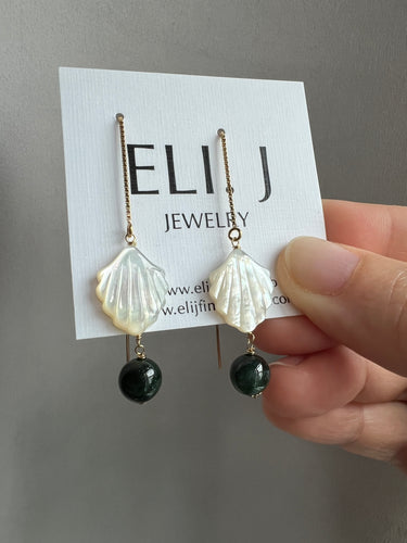 Dark Green Jade, MOP Shells 14KGF Earrings
