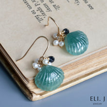 Load image into Gallery viewer, Green Type A Jade Shells, Sapphire, Pearl Earrings