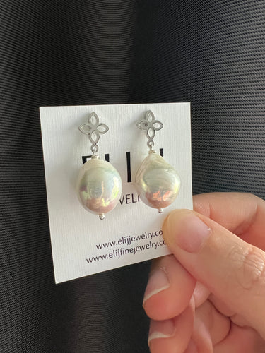 Ivory-Rainbow Pearl Silver Fleur De Lis Earring Studs