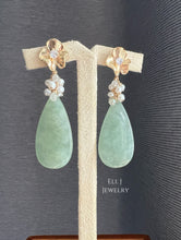 Load image into Gallery viewer, [EXCLUSIVE] Type A Burmese Mint Green Flat Teardrops, 0.94ct Silver Diamonds, Pearls 14KGF Earrings