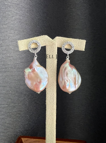 Large Peach Rainbow Flat Baroque Pearls Silver CZ Studs