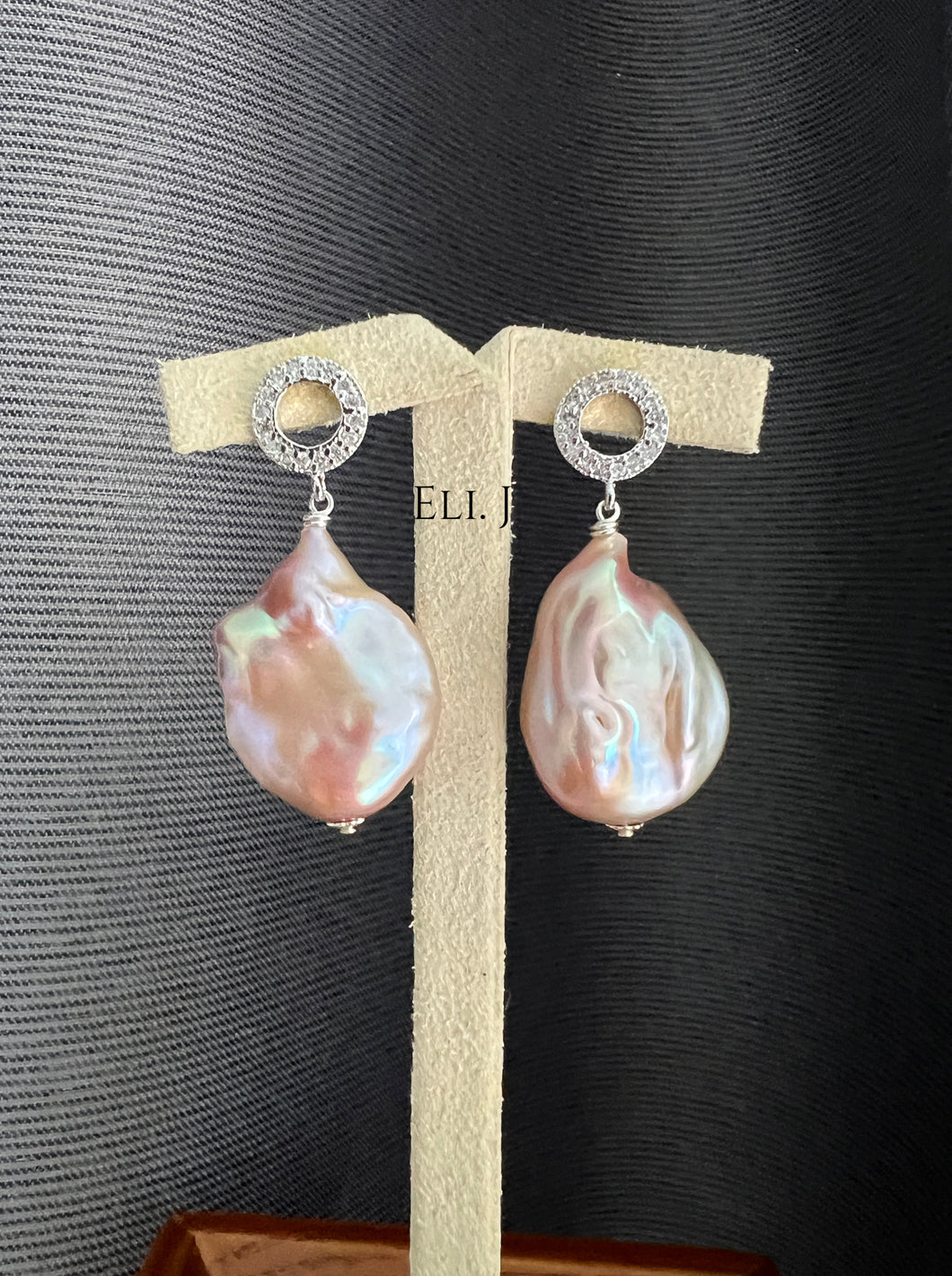 Large Peach Rainbow Flat Baroque Pearls Silver CZ Studs
