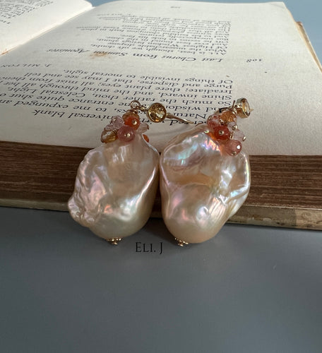 Peach Baroque Pearls, Carnelian, Sunstone 14KGF Earrings