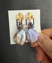 Load image into Gallery viewer, Purple-Champagne Large Keshi Pearls, Gemstones Earrings 14KGF