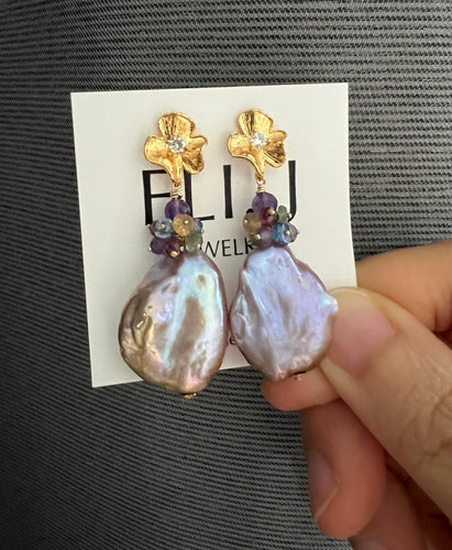 Purple-Champagne Large Keshi Pearls, Gemstones Earrings 14KGF