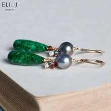 Load image into Gallery viewer, [Signature] Dark Green Jadeite Drops, Tahitian Pearls, Gemstone Earrings