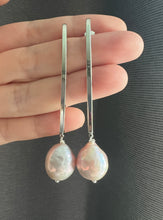 Load image into Gallery viewer, Large Pink Rainbow Freshwater Pearls on Long Silver Earrings