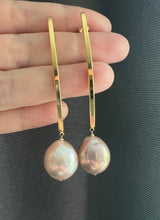 Load image into Gallery viewer, Large Rainbow Pink-Peach Pearls Long Gold Earrings