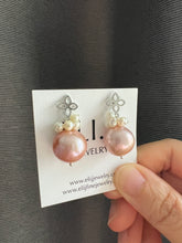 Load image into Gallery viewer, Large Pink Pearls, Ivory Baby Pearls Silver Fleur de Lis Earrings
