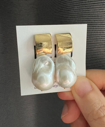 Ivory Baroque Pearl Modern Earrings 14KGF