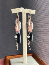 Load image into Gallery viewer, Vintage Leaves, Vtg Brass Tassels, Black Onyx &amp; Pearls 14kGF Earrings