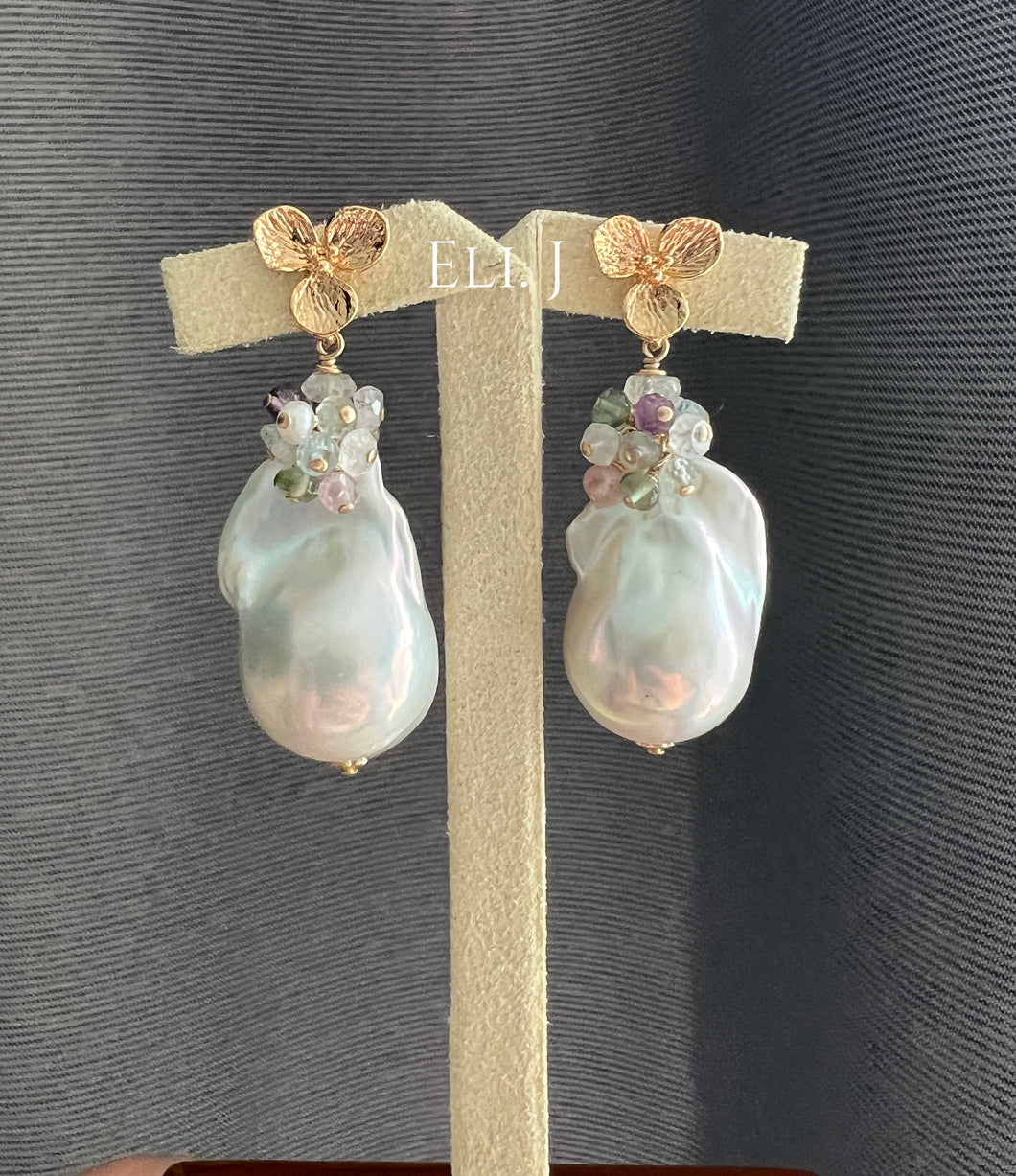 Ivory Baroque Pearls, Amethyst Gemstones 14kGF Earrings