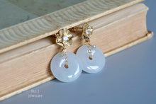 Load image into Gallery viewer, Type A Burmese White Jadeite Donuts, Genuine Silver Diamond Drops 14KGF Earrings