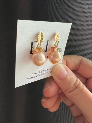 Peach Pearls, Gemstones Gold Leaf Earring Studs