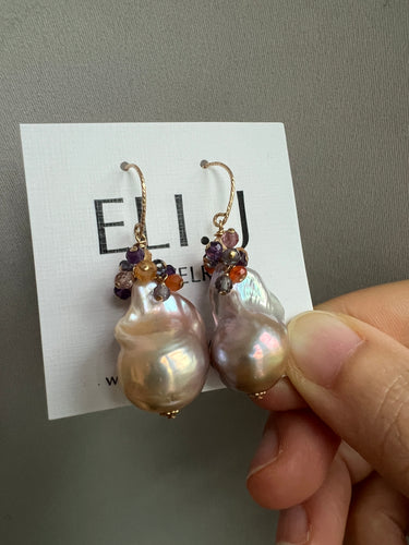 Purple-Champagne Baroque Pearls, Gemstones 14KGF Earrings