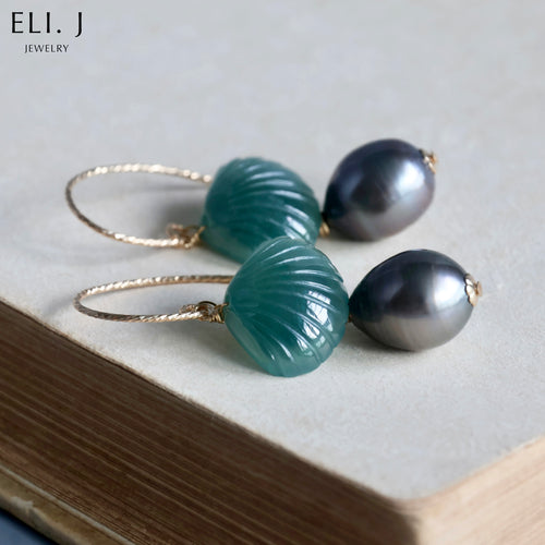 [Signature] Deep Teal/Green Jadeite Shells, Tahitian Pearl Earrings