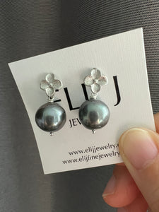 Large Black FW Pearl Silver Earrings