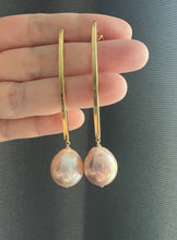 Load image into Gallery viewer, Large Rainbow Pink-Peach Pearls Long Gold Earrings